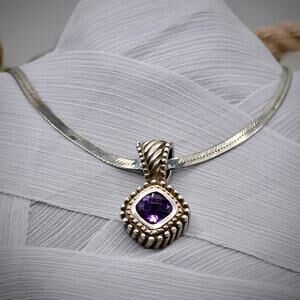 Italian 18K Gold Sterling Silver 925 Amethyst Pendant 36mm 19" Snake Chain